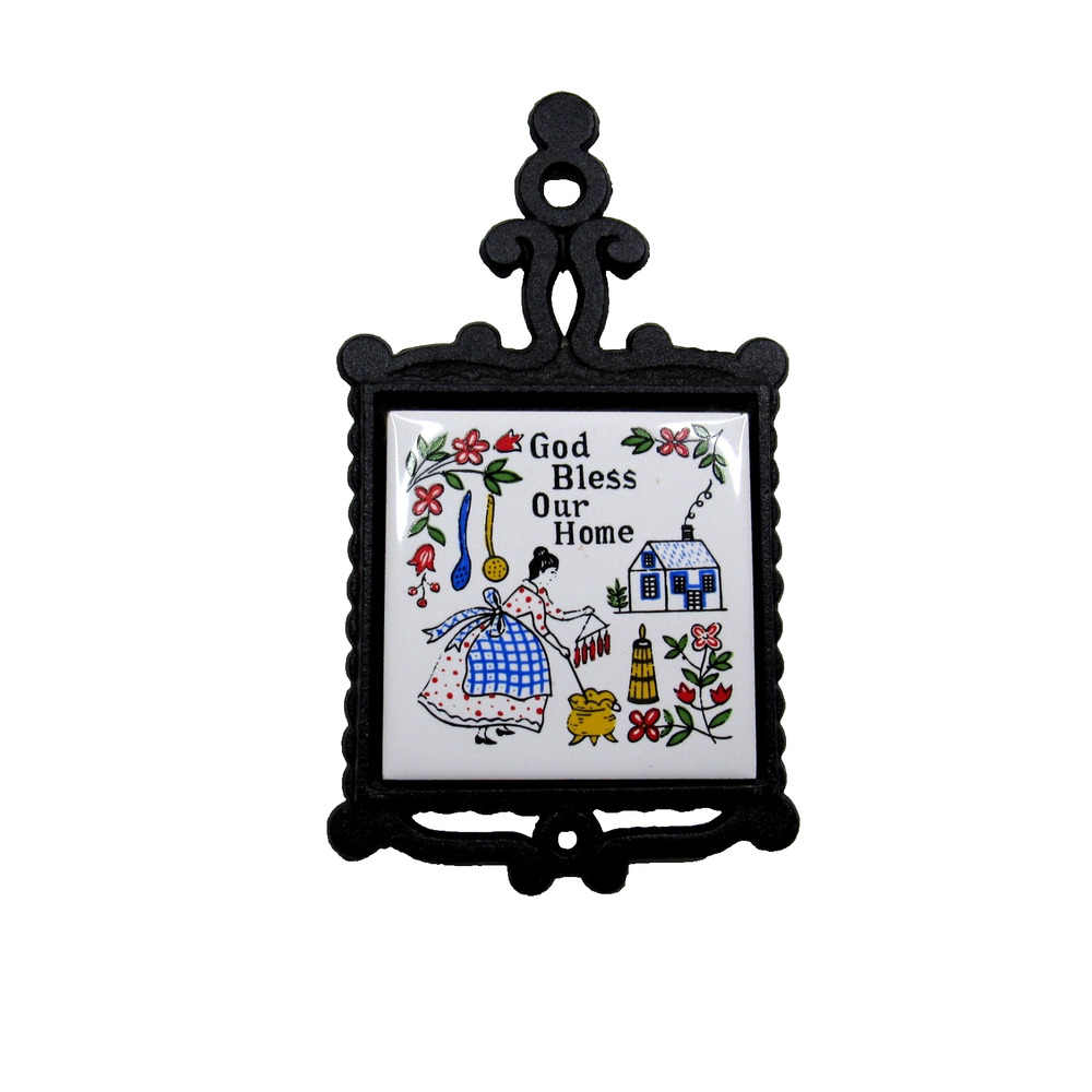 Vintage Cast Iron Ceramic Tile Trivet Kitchen King Japan Cottagecore Grandma